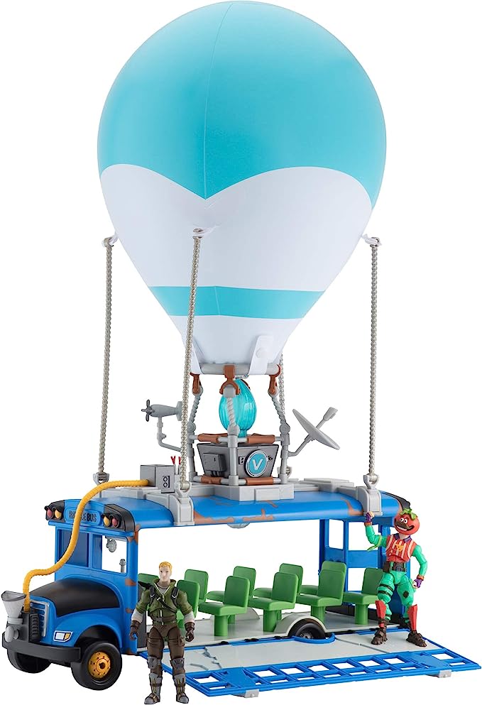 Fortnite Battle Bus Deluxe - Features Inflatable Balloon with Lights & Sounds, Free-Rolling Wheels on Bus - Includes 4 Inch Recruit (Jonesy) and Exclusive Tomatohead Action Figures