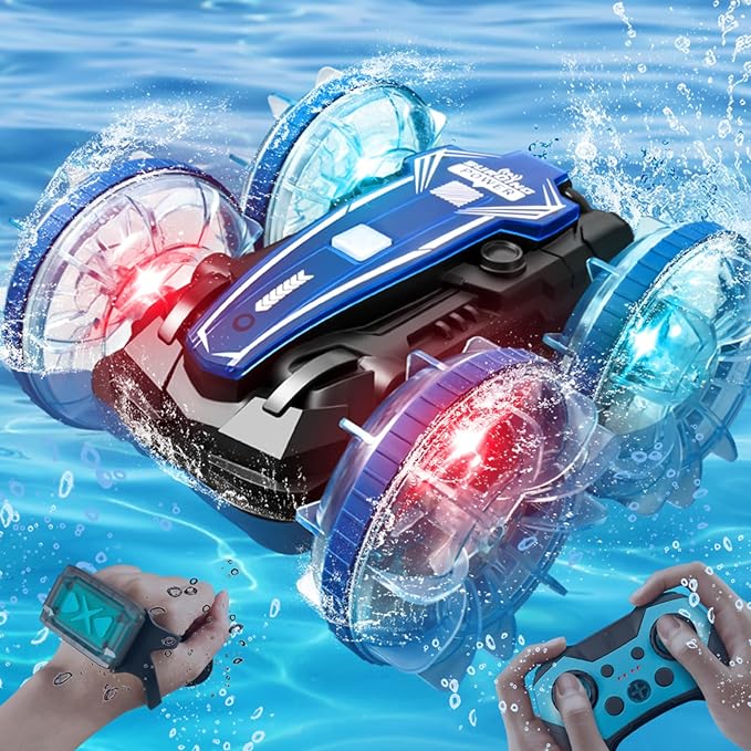 Amphibious Remote-Control Car Toys, [2023 Newest], 4WD Gesture Remote Control Car Boat with Waterproof Remote Control, 2.4 GHz All Terrain Remote Control Vehicle with LED Lights Water Beach Pool Toy